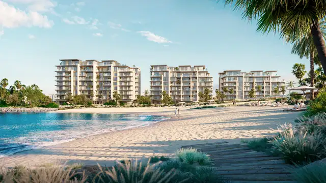 Beach view: the buildings set behind a private beach