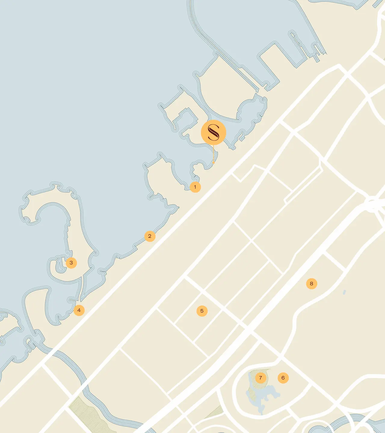 Map from the official brochure: Solaya on the Jumeirah coast with J1 Beach, Mandarin Oriental Jumeirah, Bvlgari Resort, Four Seasons Resort, City Walk, The Dubai Mall, Burj Khalifa and DIFC numbered 1 to 8