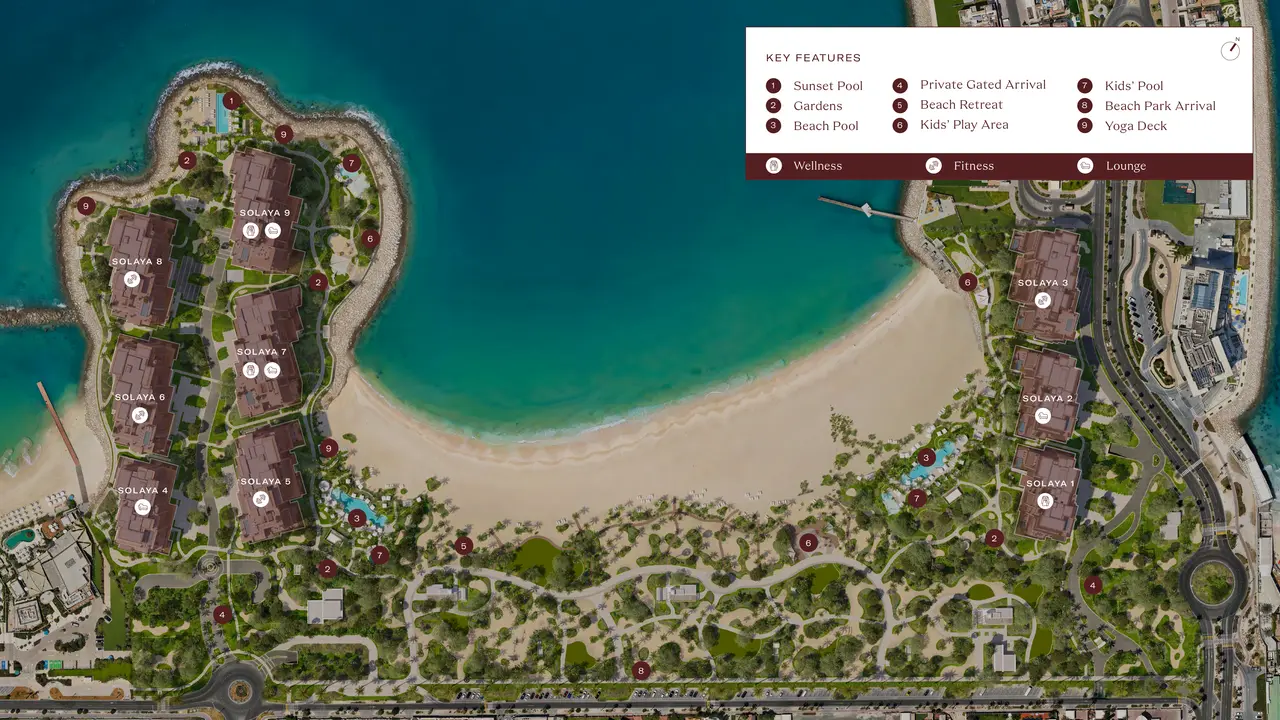 Solaya masterplan: buildings Solaya 1 to 9 around a beach and bay, with the sunset pool, gardens, beach pool, private gated arrival, beach retreat, kids' play area, kids' pool, Beach Park arrival and yoga deck marked