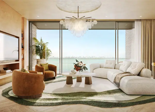 Solaya 2-bedroom classic residence: living room with floor-to-ceiling windows facing the sea
