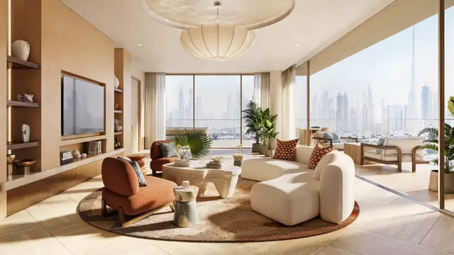 Solaya 5-bedroom classic residence: living room with views of the Dubai skyline