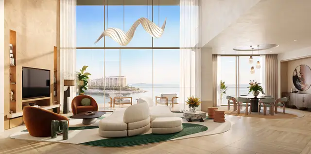 Solaya 4-bedroom duplex residence: living room with sea and city views