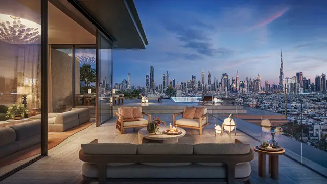 Solaya penthouse terrace at dusk overlooking the Dubai skyline